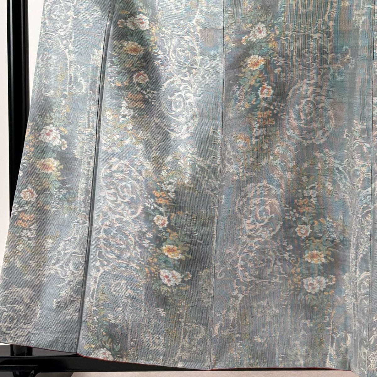紬 身丈159cm 裄丈65.5cm M 袷 草花 青灰色 正絹 優品｜中古・古着