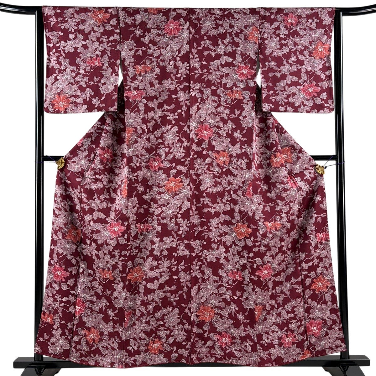 美品】 小紋 身丈157cm 裄丈63cm S 袷 枝花 えんじ色 正絹 優品｜中古