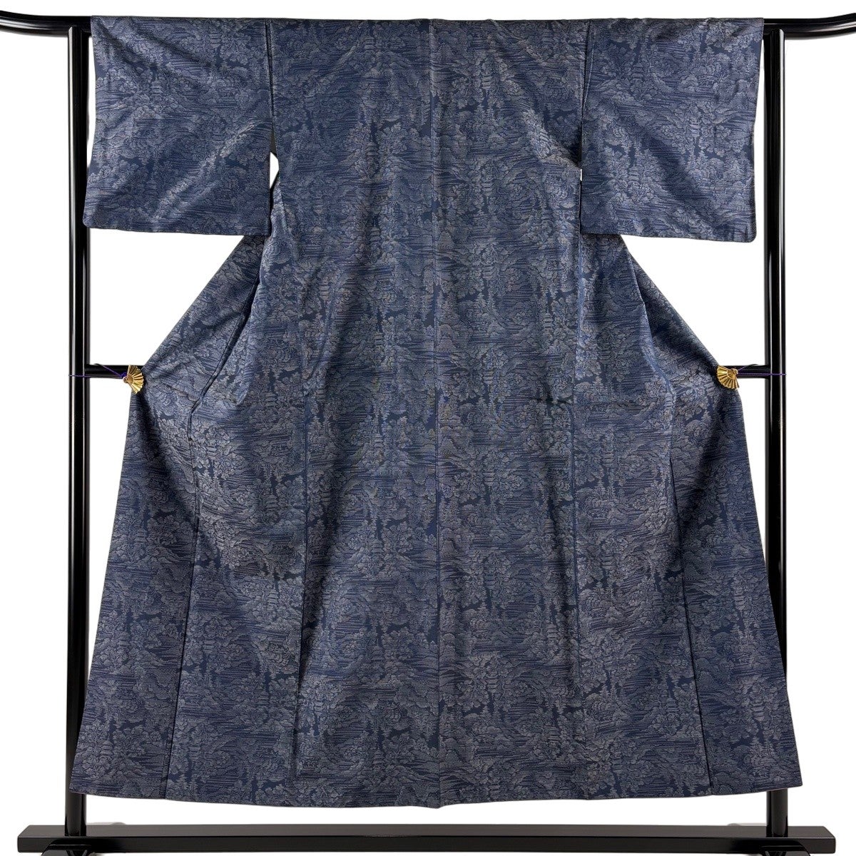 紬 身丈151.5cm 裄丈62.5cm S 袷 建物 樹木 紺色 正絹 優品｜中古