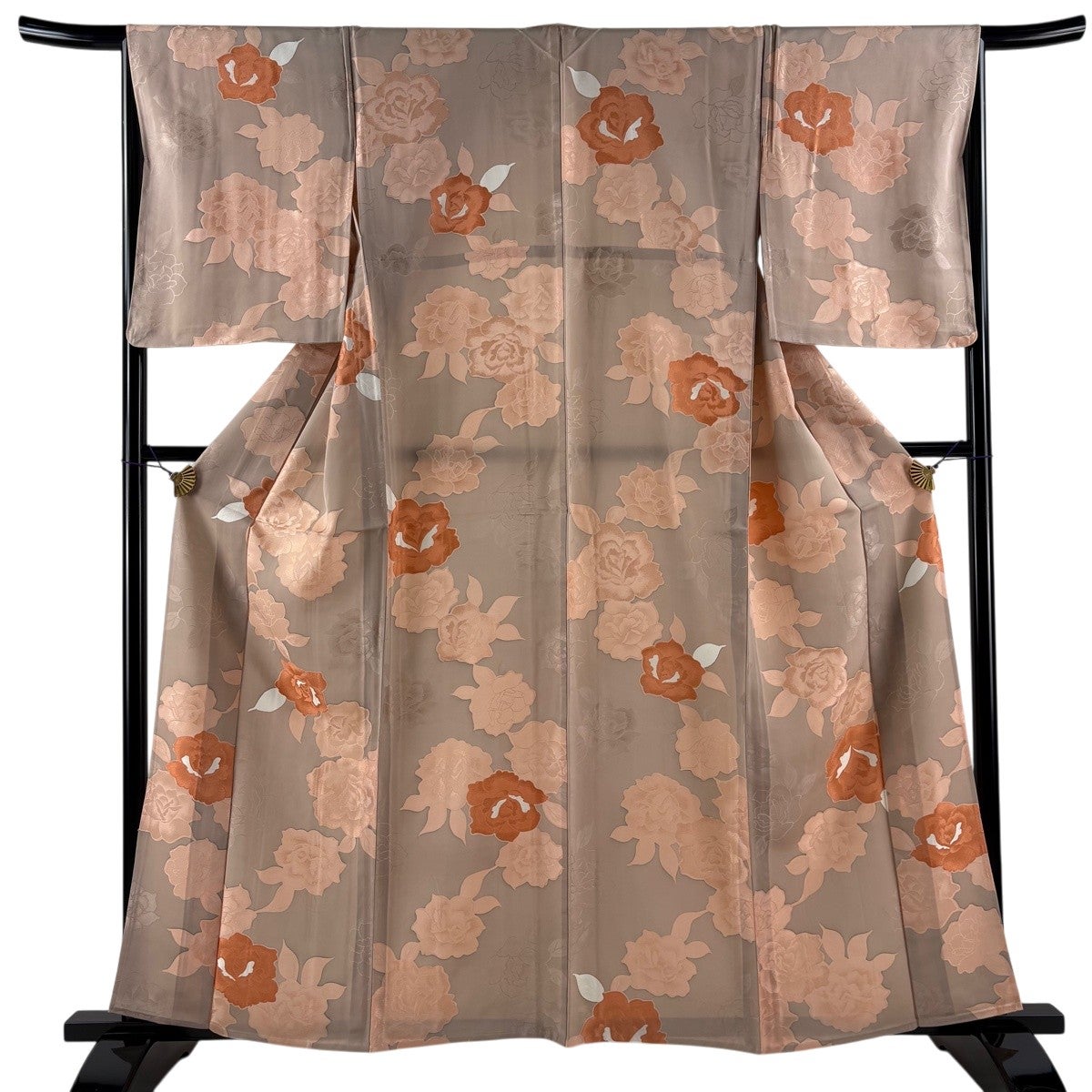 小紋 身丈159cm 裄丈67cm M 単衣 薔薇 地紋 灰茶 正絹 優品｜中古