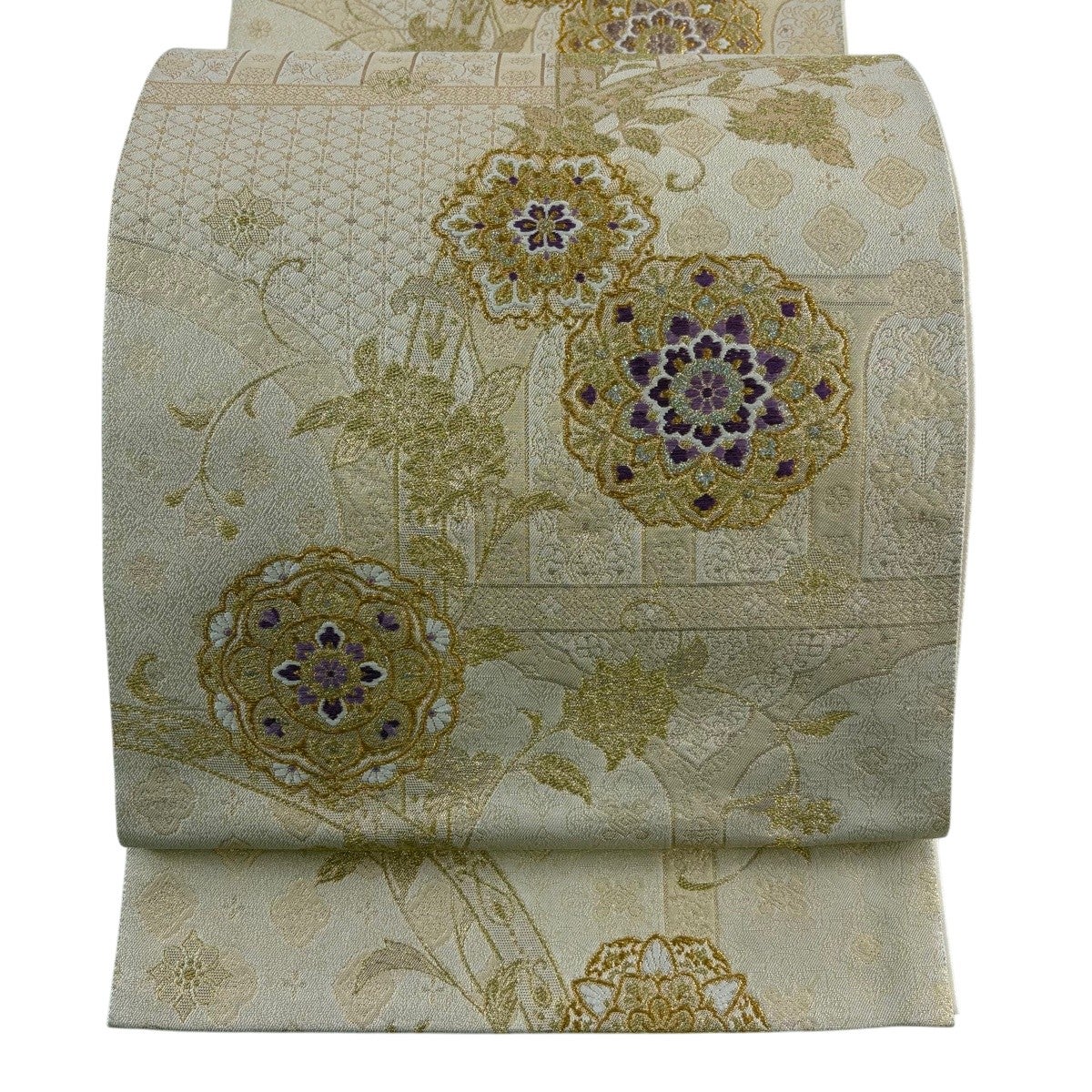 袋帯 名品 華文 花唐草 刺繍 金糸 茶色 お太鼓柄 正絹｜中古・古着