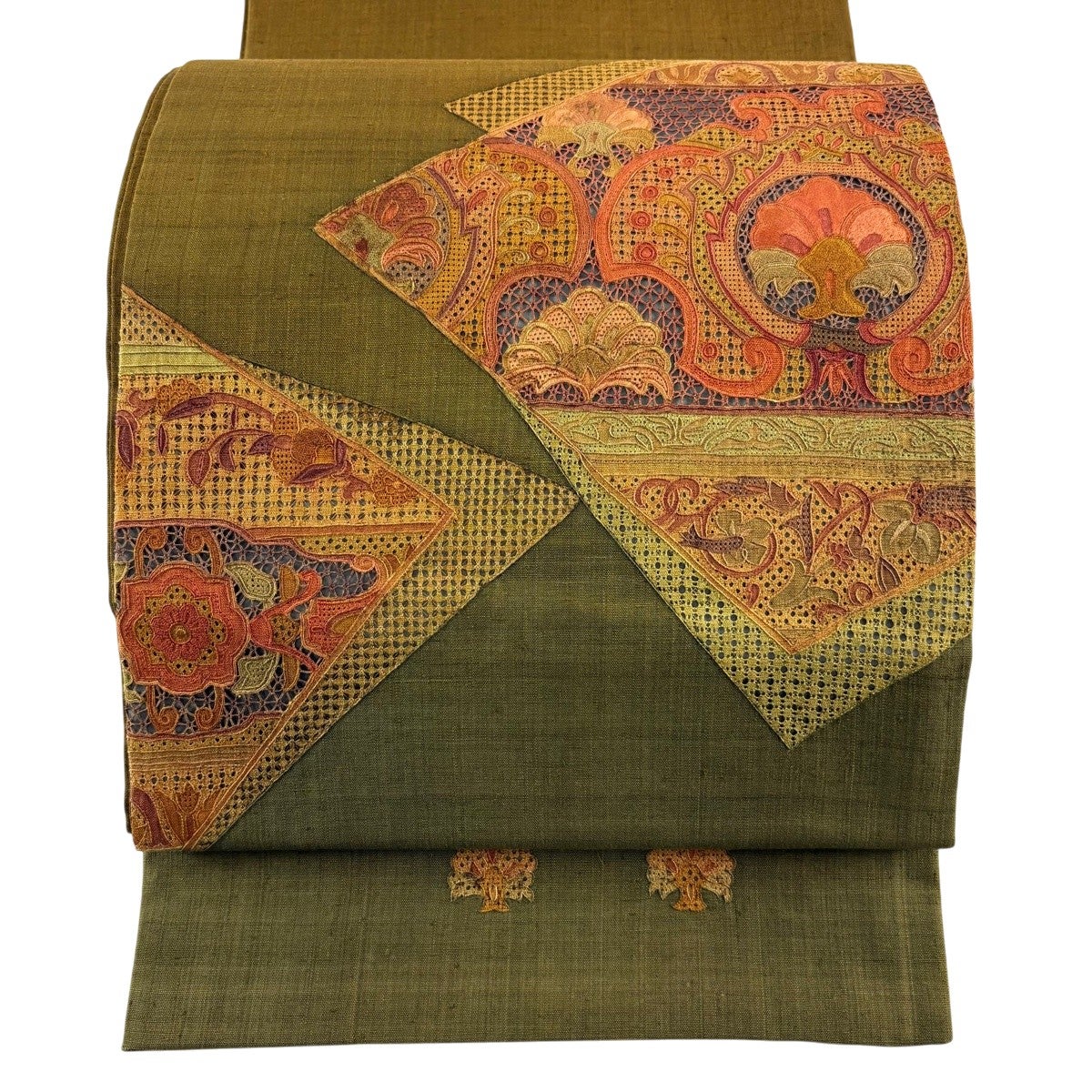 美品】 袋帯 秀品 紬地 草花 刺繍 茶緑色 お太鼓柄 正絹｜中古・古着