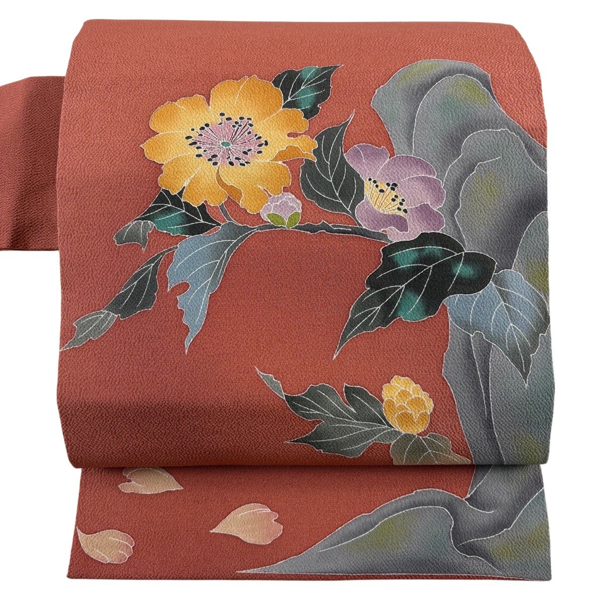 開き名古屋帯 秀品 落款あり 牡丹 縮緬 灰色 正絹｜中古・古着