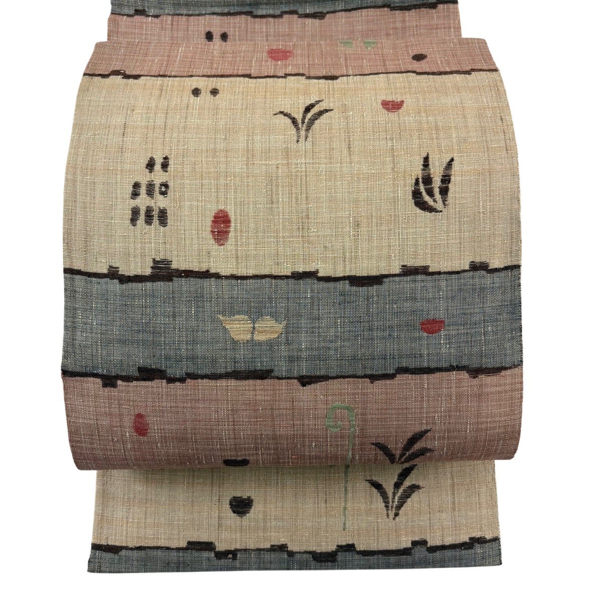 美品】 名古屋帯 秀品 紬地 八寸名古屋帯 松葉仕立て 葉柄 段縞模様