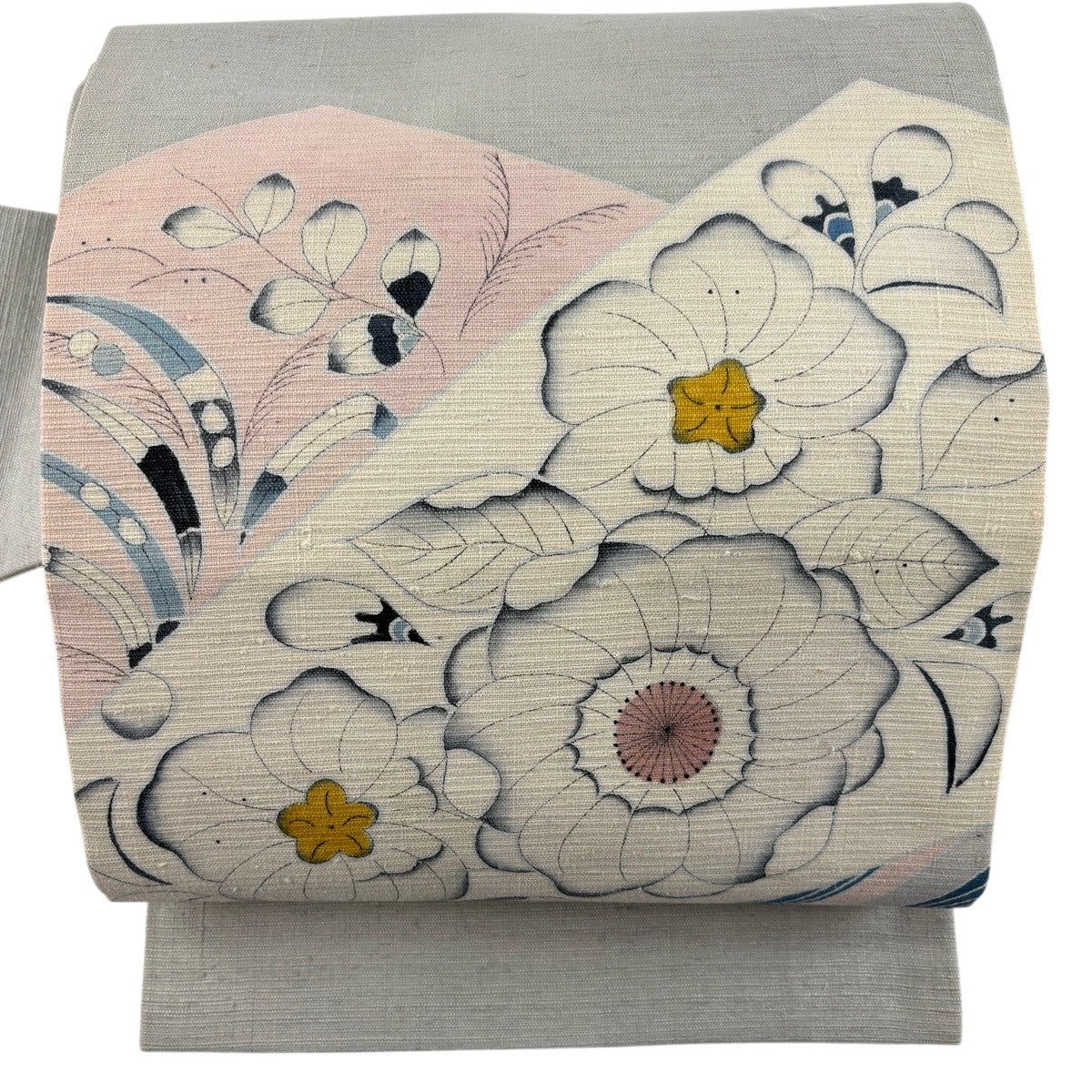 名古屋帯 秀品 紬地 草花 灰色 正絹｜中古・古着・リサイクル着物通販
