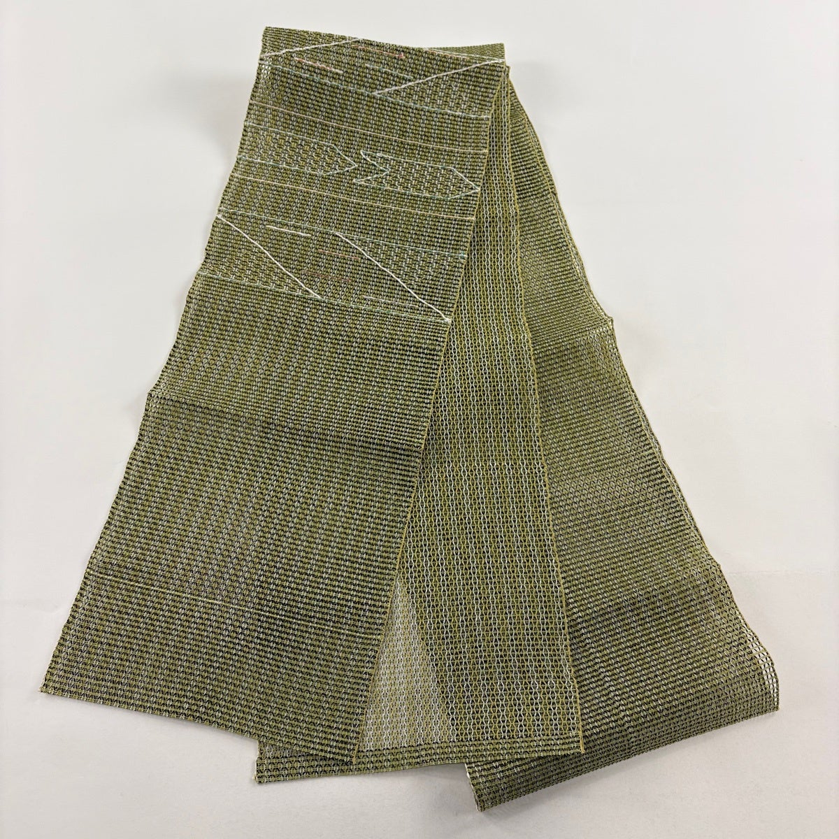 名古屋帯 秀品 夏帯 羅 八寸名古屋帯 幾何学模様 金銀糸 黄緑色 正絹