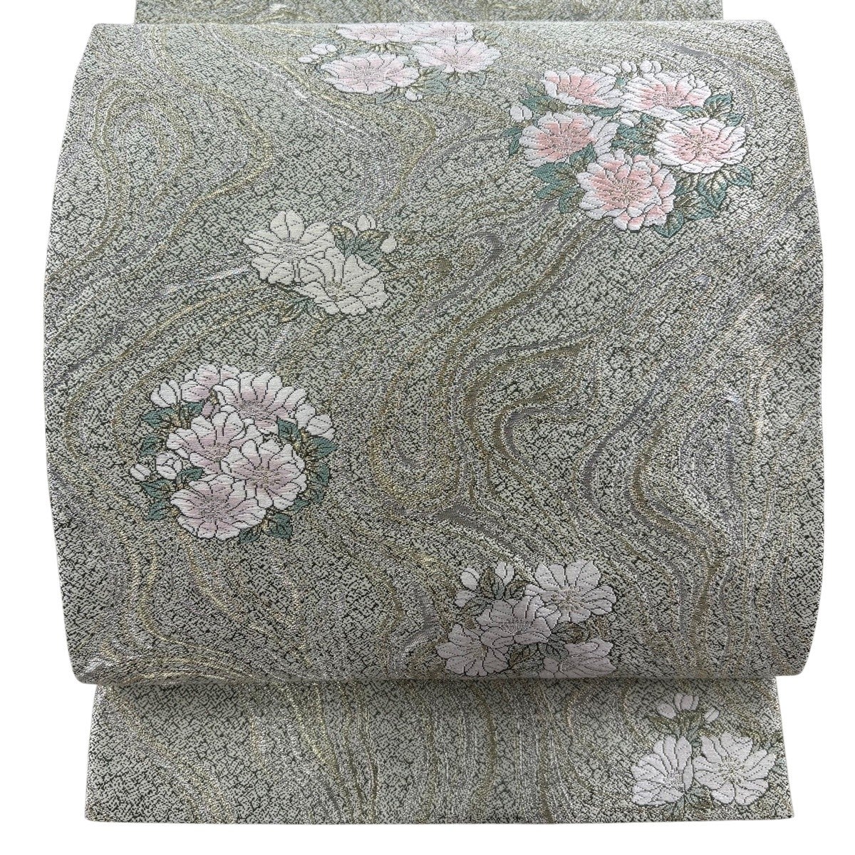 美品】 袋帯 秀品 草花 流水 金銀糸 唐織 灰緑 六通 正絹｜中古・古着