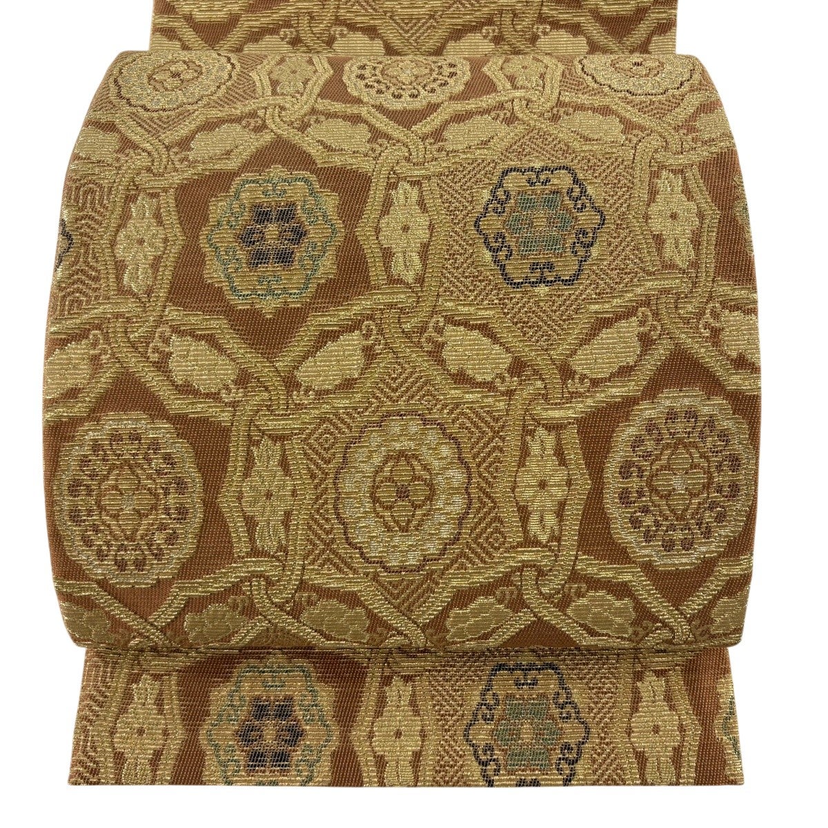 美品】 袋帯 秀品 草花 花唐草 金糸 箔 茶色 六通 正絹｜中古・古着