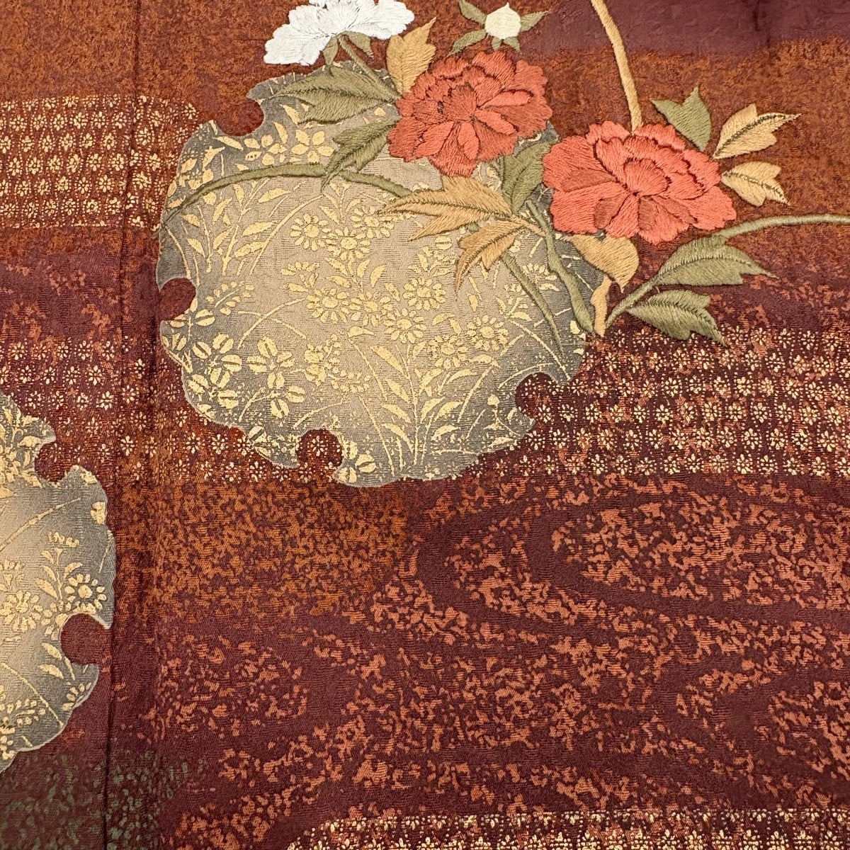 訪問着 身丈159cm 裄丈64cm M 袷 雪輪 草花 刺繍 金彩 茶紫 正絹 秀品