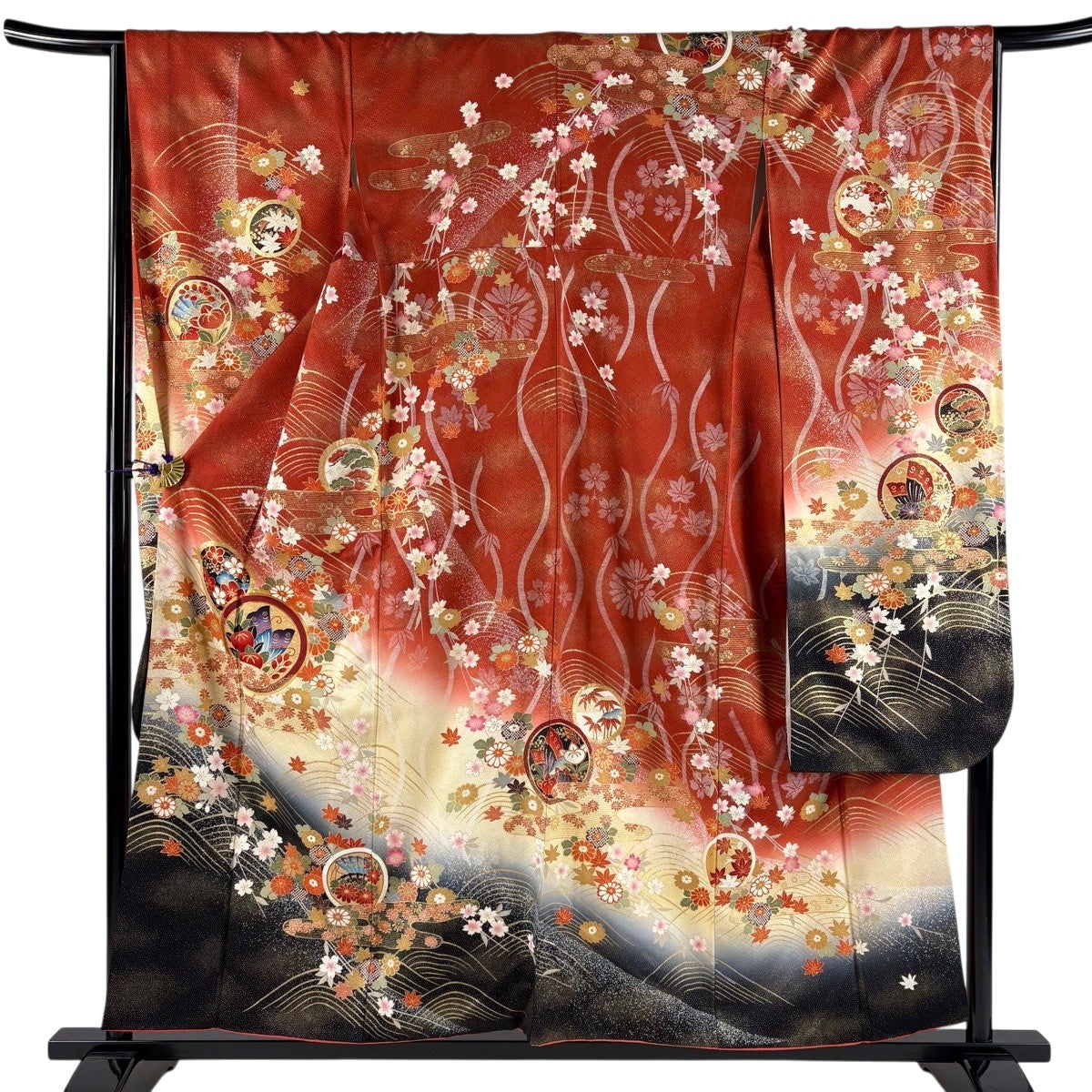 振袖 身丈156cm 裄丈66cm M 袷 丸文 蝶 金糸 金彩 朱色 正絹 秀品