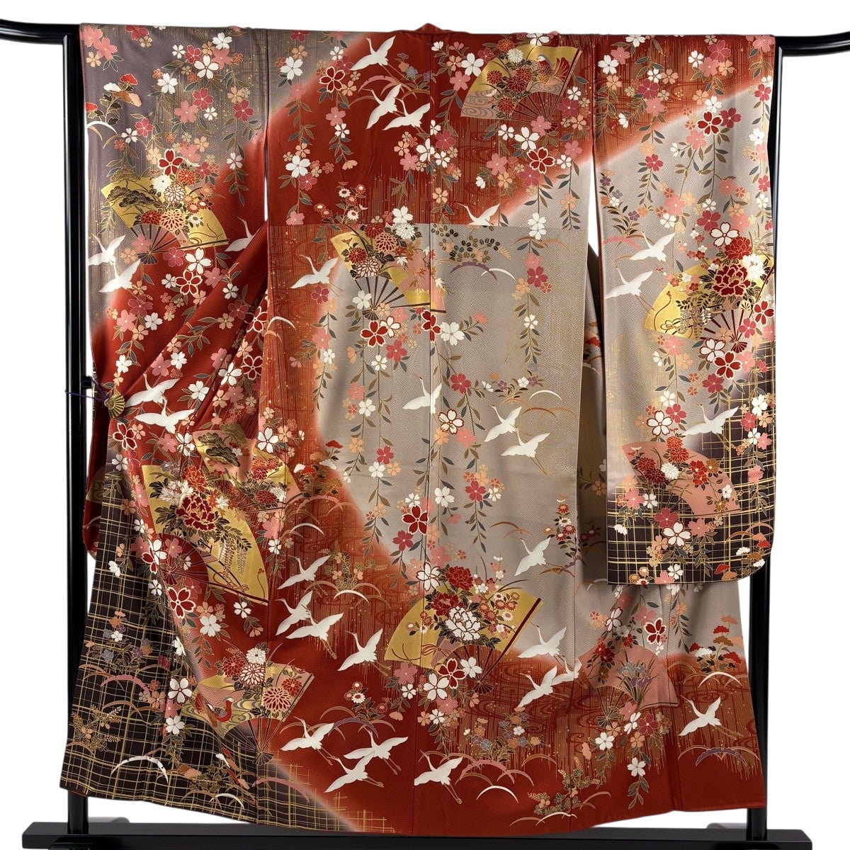 振袖 身丈153.5cm 裄丈64.5cm M 袷 扇 牡丹 金糸 金彩 赤茶 正絹 秀品