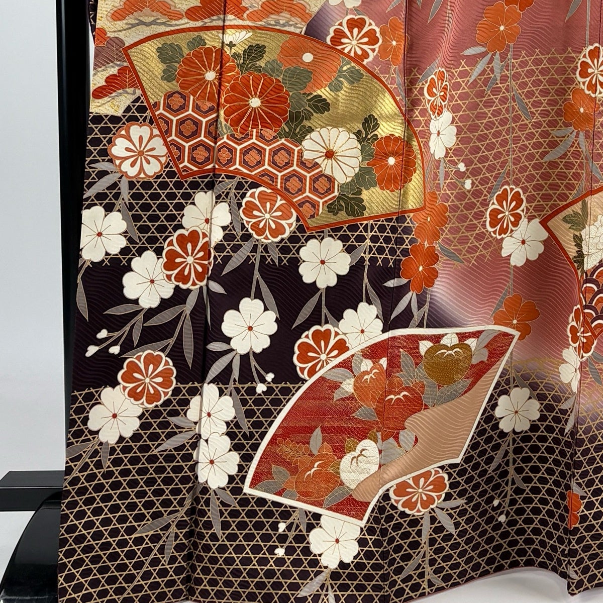 振袖 身丈171cm 裄丈68cm L 袷 扇面 草花 金糸 金彩 茶紫 正絹 秀品