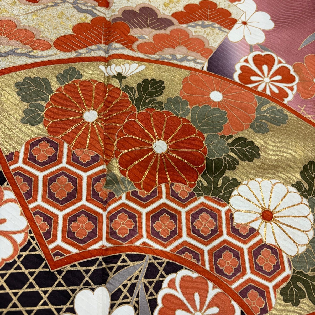 振袖 身丈171cm 裄丈68cm L 袷 扇面 草花 金糸 金彩 茶紫 正絹 秀品