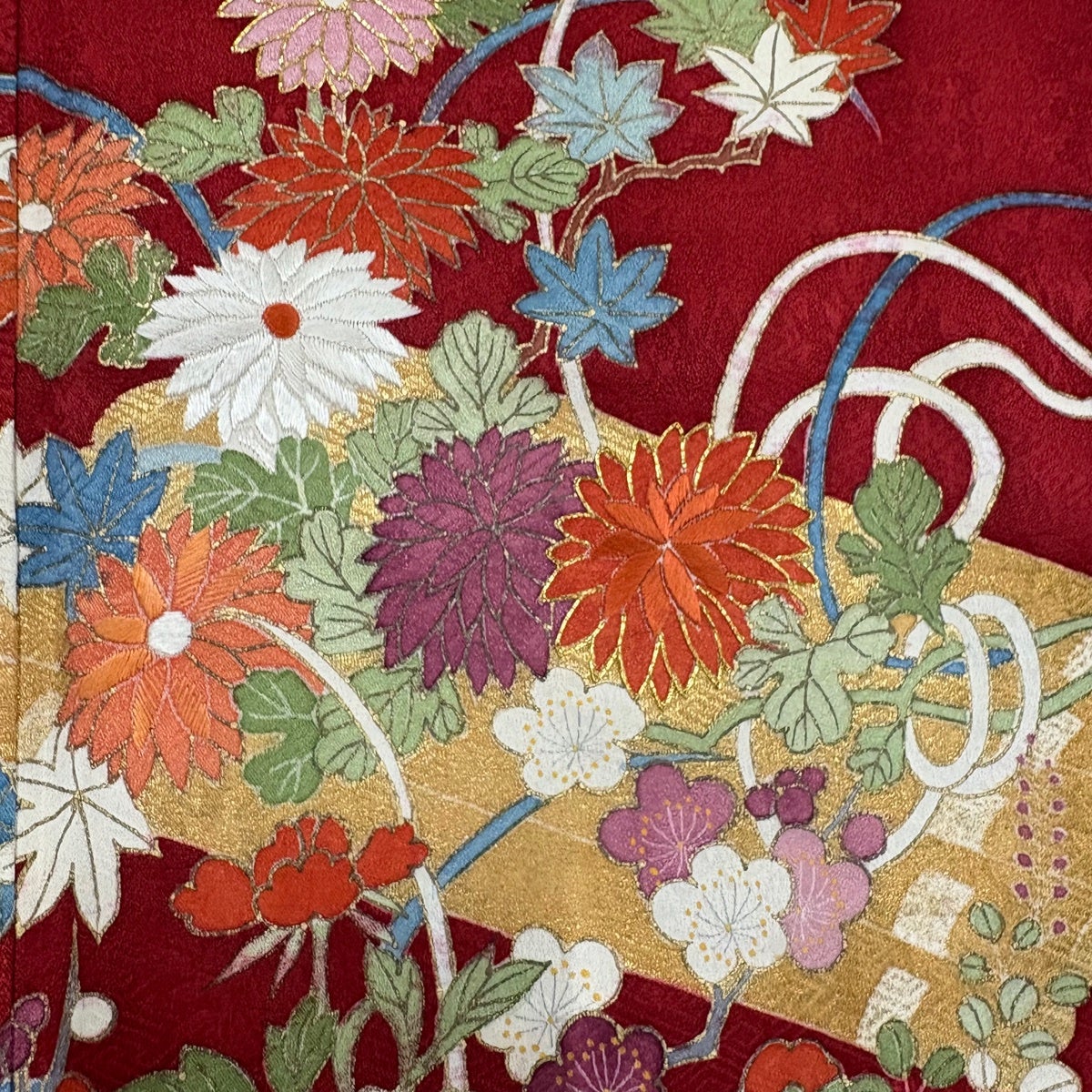 付下げ 身丈163cm 裄丈65cm M 袷 花筏 刺繍 金糸 赤 正絹 秀品｜中古
