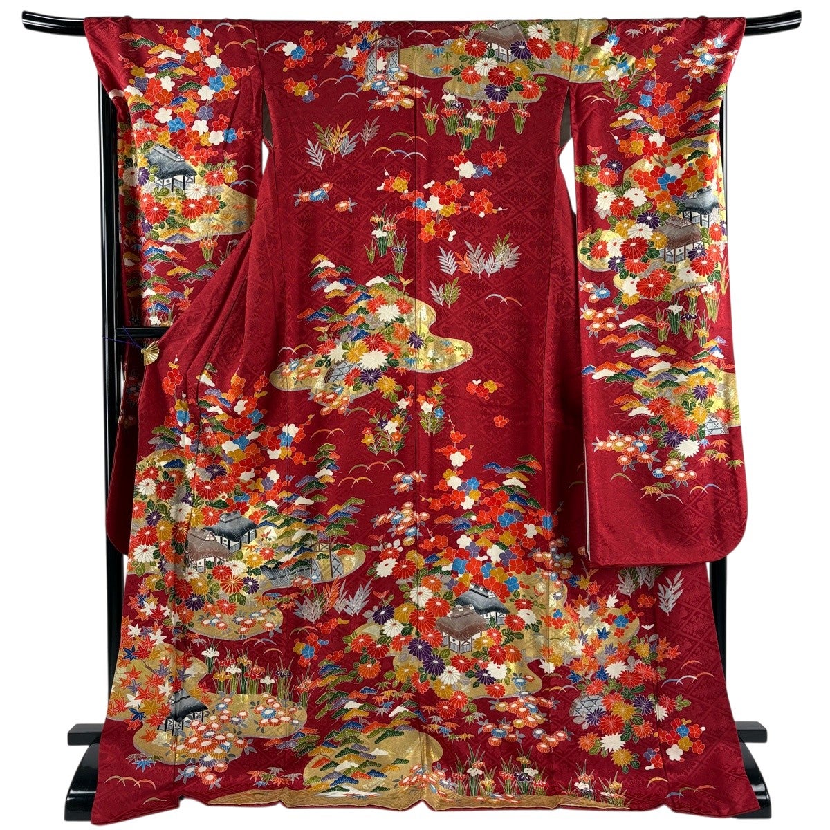 美品】 振袖 身丈175cm 裄丈69.5cm L 袷 建物 松竹梅 金糸 金彩 赤