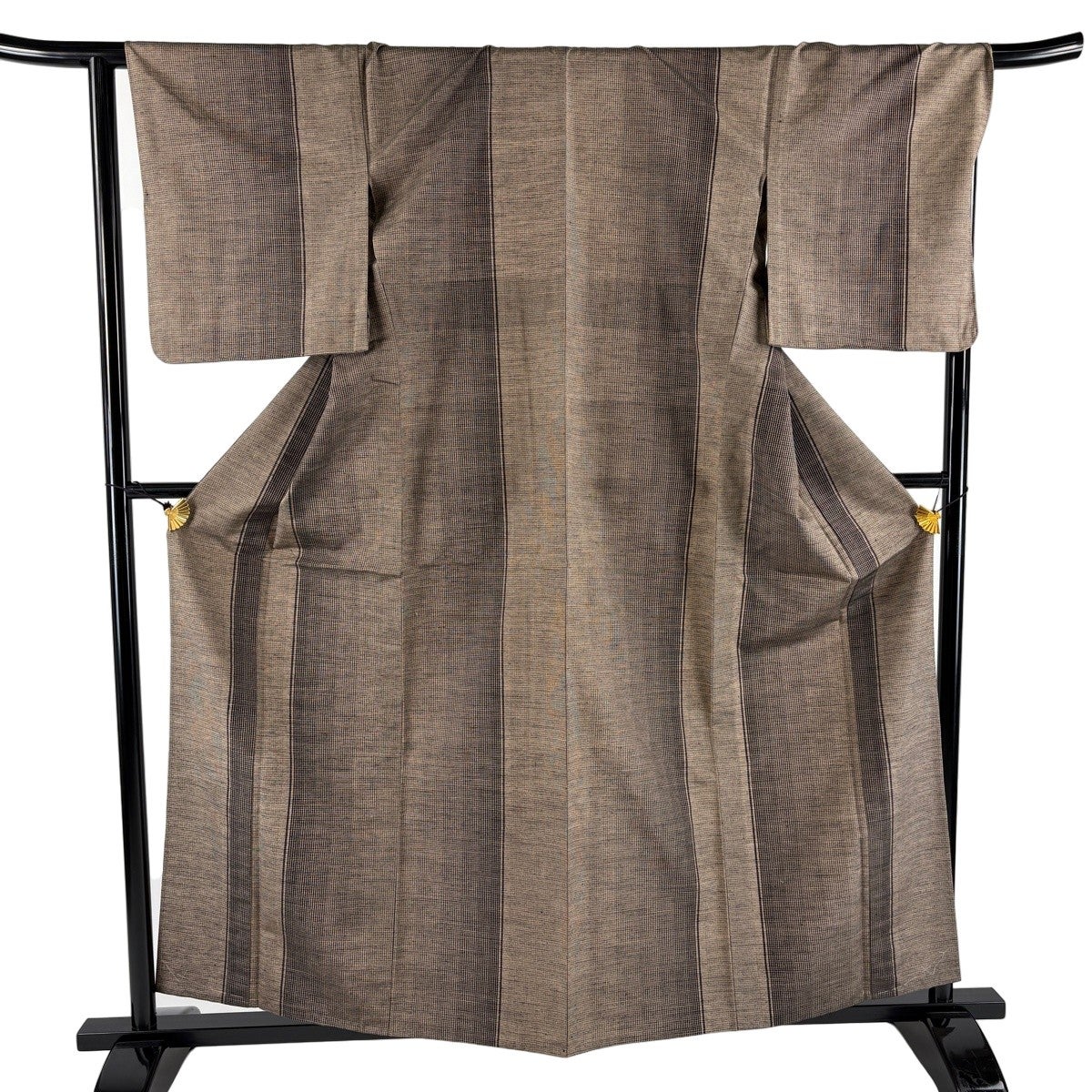 美品】 紬 身丈158cm 裄丈66.5cm M 単衣 バチ衿 縦縞 格子 灰茶 正絹