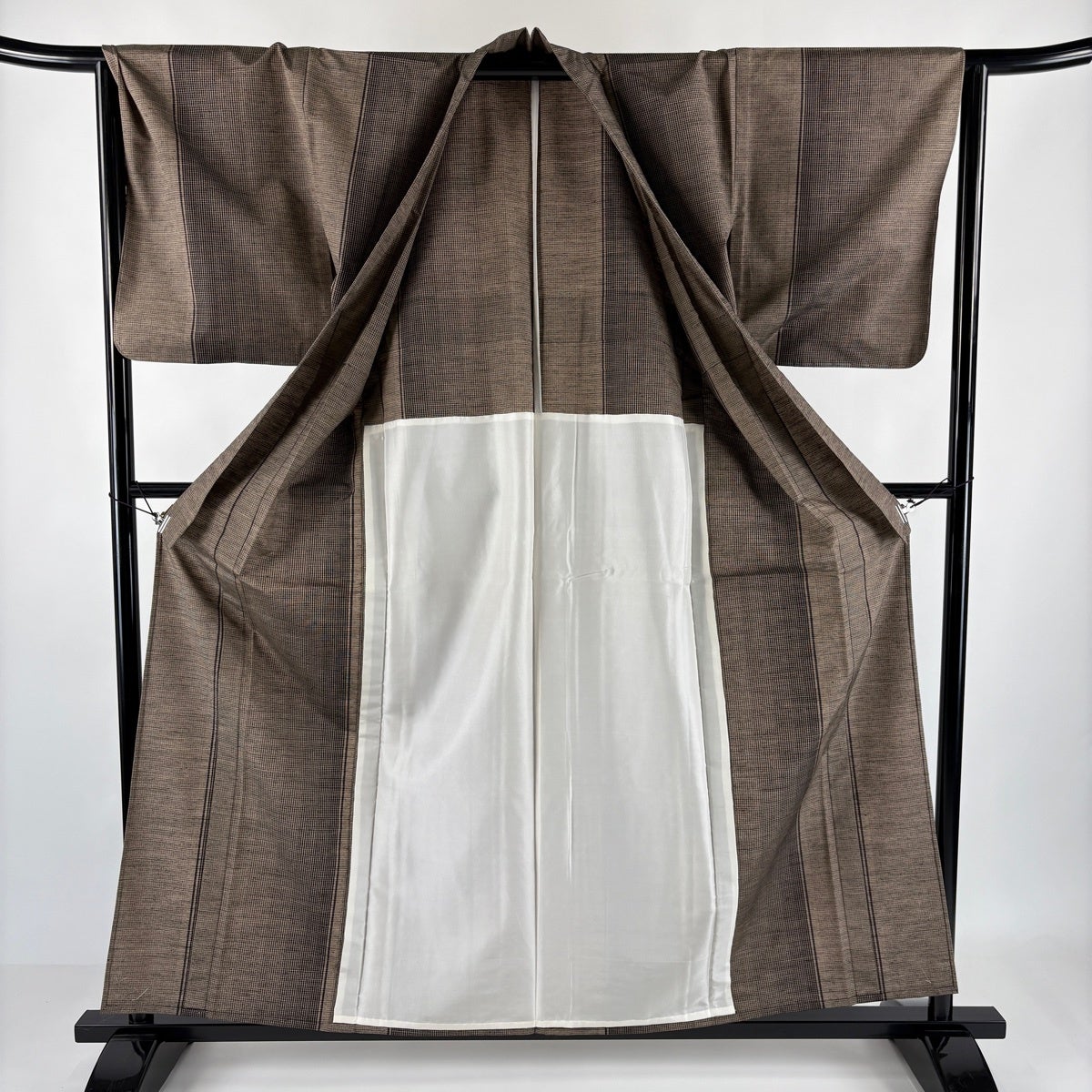 美品】 紬 身丈158cm 裄丈66.5cm M 単衣 バチ衿 縦縞 格子 灰茶 正絹