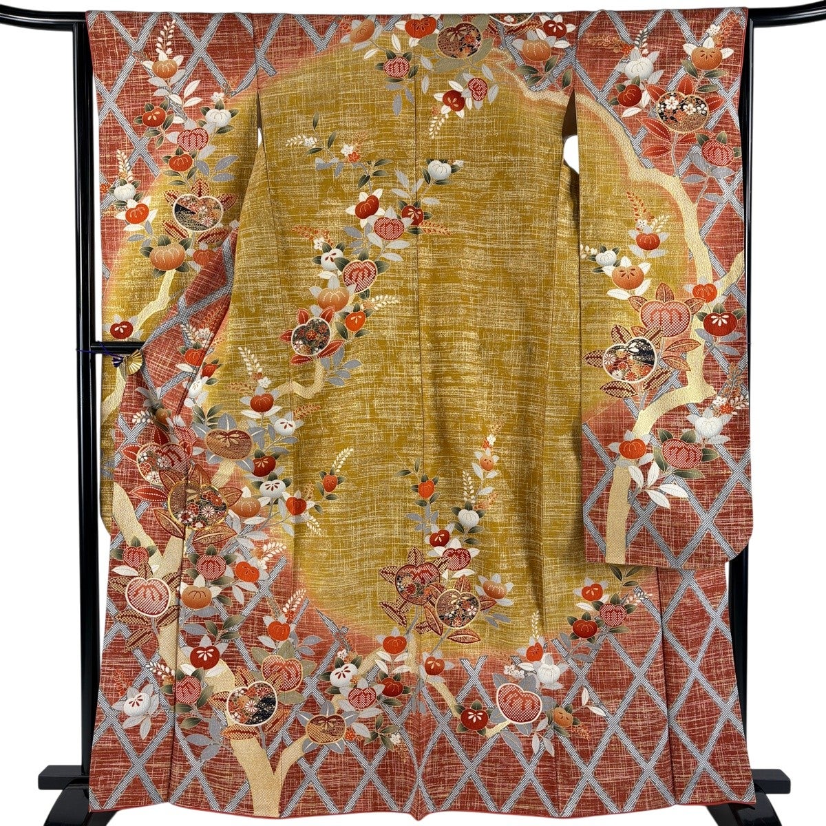 振袖 身丈160.5cm 裄丈63.5cm S 袷 岩田専太郎 落款あり 花 金糸 金彩