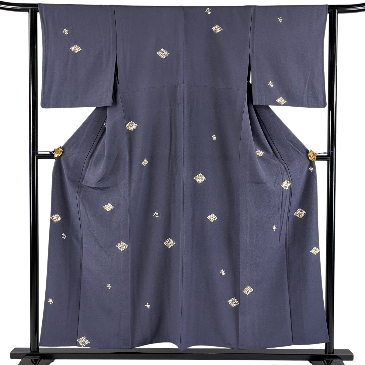 小紋 身丈155cm 裄丈63cm S 単衣 草花 菱 金彩 青紫 正絹 秀品｜中古