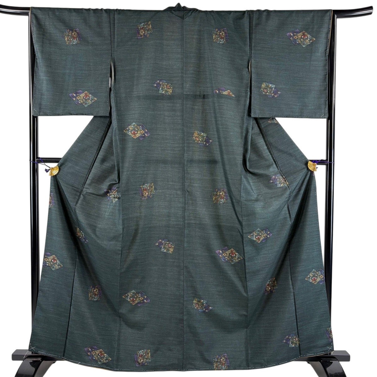 小紋　フルセット　正絹　紺色　袷　N5 美品】 小紋 身丈165cm 裄丈66.5cm M 袷 家屋 草花 紺色 正絹 秀品