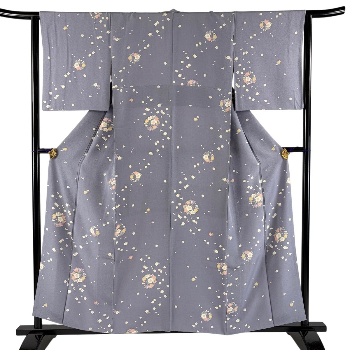 小紋 身丈157.5cm 裄丈63.5cm S 袷 花丸紋 桜 縮緬 薄紫 正絹 秀品
