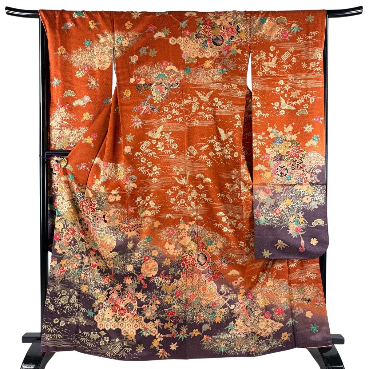 【振袖フルセット】草花 金彩 染め分け 赤 正絹 振袖 身丈166cm 裄丈67cm M 袷 鼓 草花 金彩 染め分け 赤茶 正絹 秀品