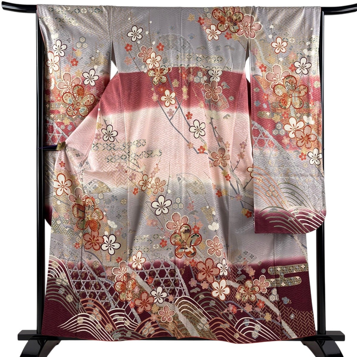 振袖 身丈158cm 裄丈67cm M 袷 枝梅 波 金糸 金彩 灰紫 正絹 秀品