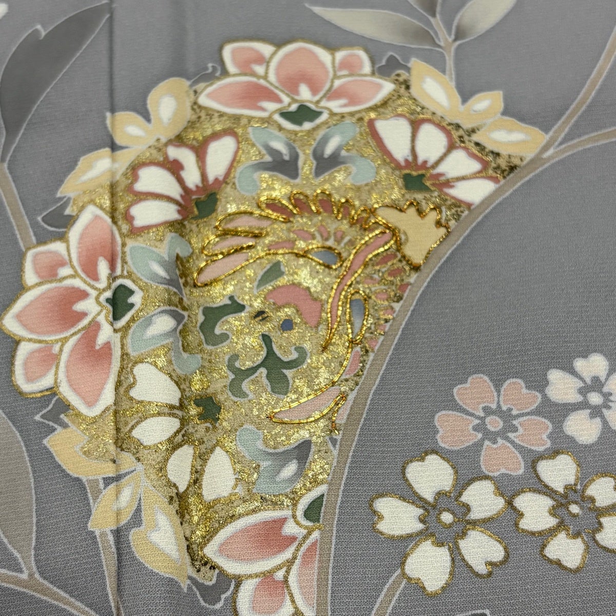 訪問着 身丈167.5cm 裄丈66.5cm M 袷 草花 華文 金糸 金彩 青灰色 正絹