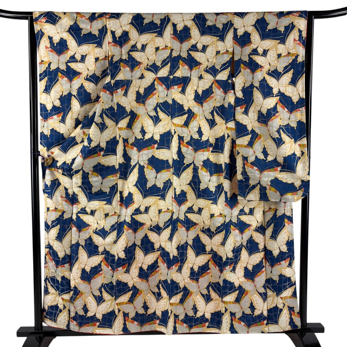 振袖 身丈158cm 裄丈64cm M 袷 蝶 菊 金通し 金彩 青 正絹 秀品｜中古