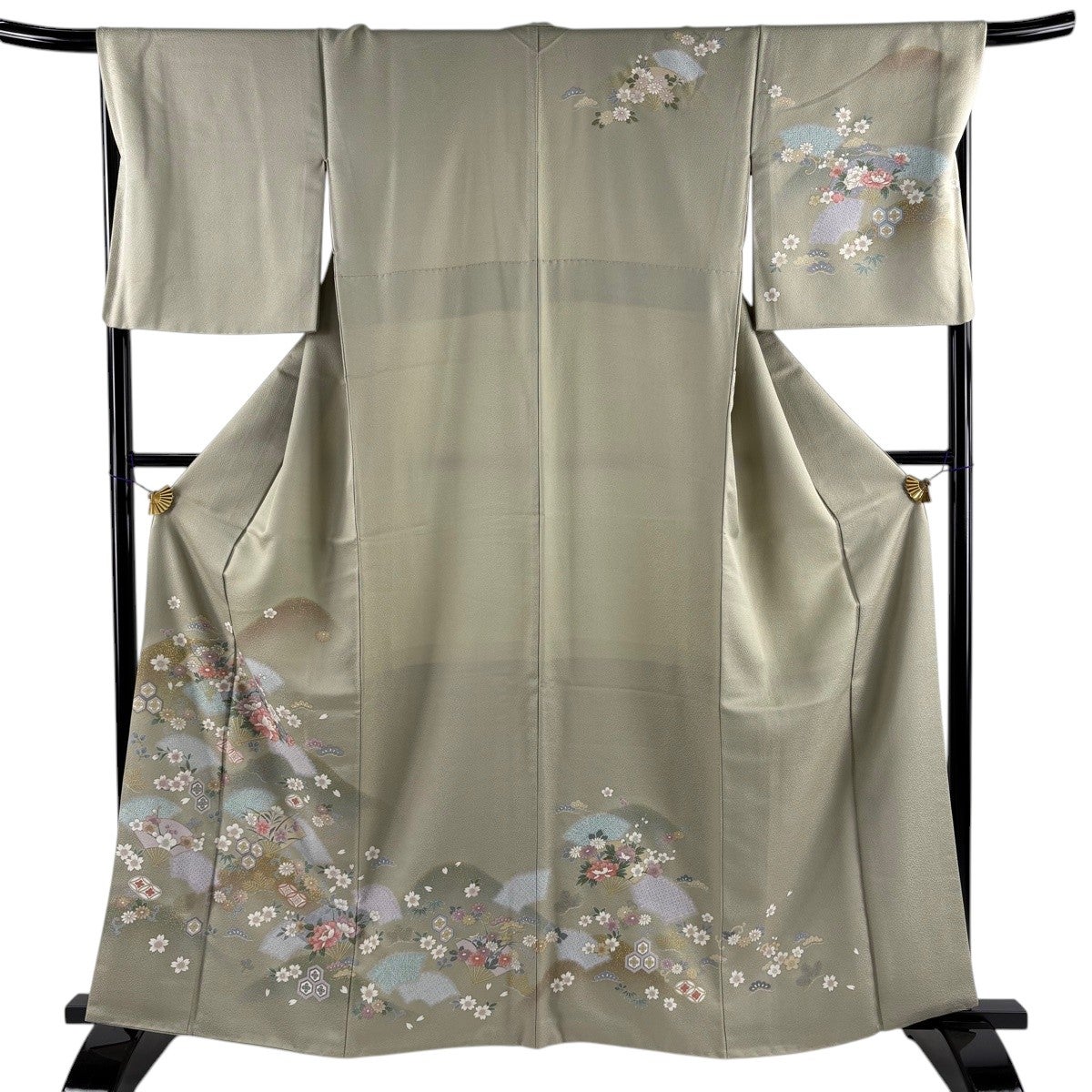 美品】 訪問着 身丈163cm 裄丈68cm L 袷 扇 草花 金彩 ぼかし 灰緑