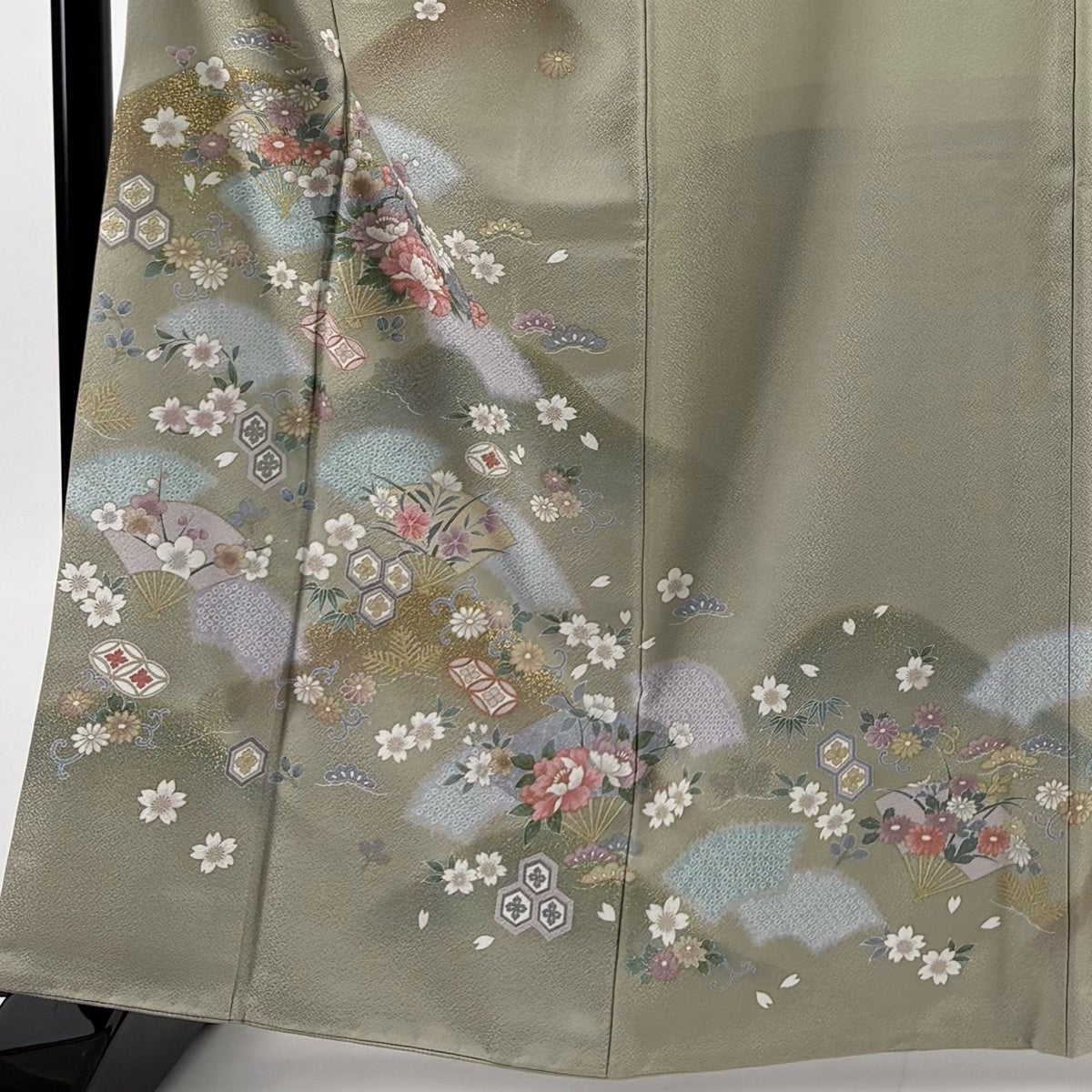 美品】 訪問着 身丈163cm 裄丈68cm L 袷 扇 草花 金彩 ぼかし 灰緑