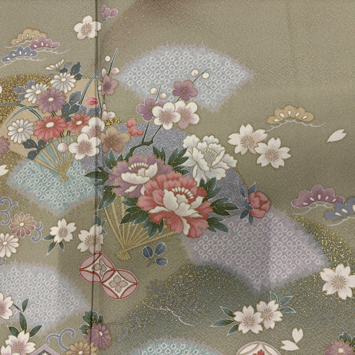 美品】 訪問着 身丈163cm 裄丈68cm L 袷 扇 草花 金彩 ぼかし 灰緑