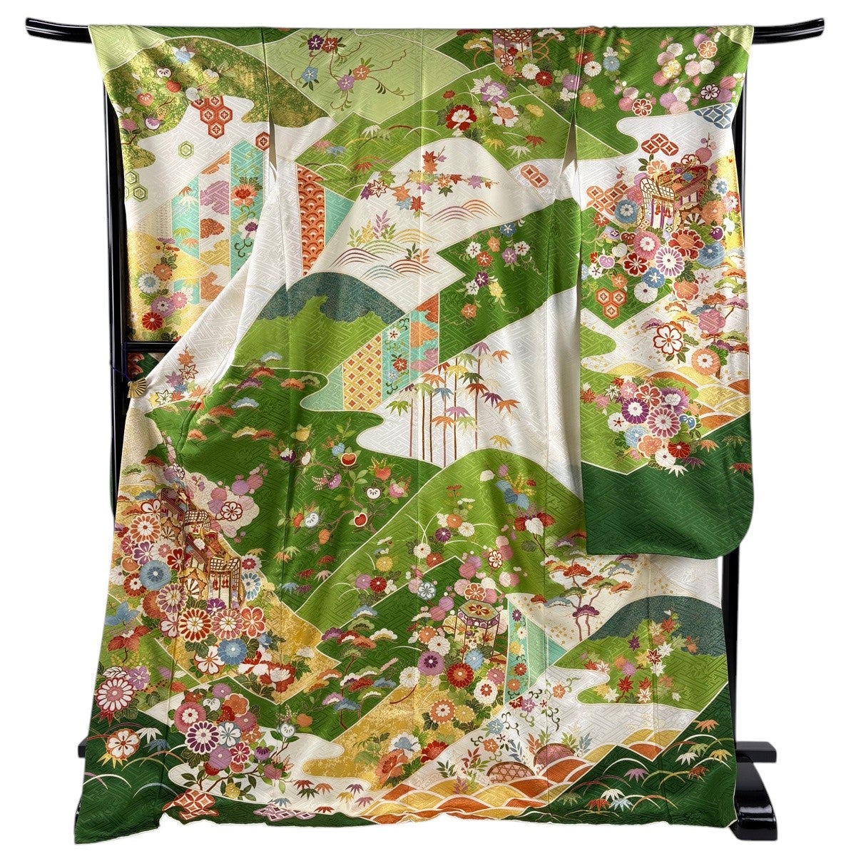 美品‼️正絹振袖フルセット‼️高級ブランド✨クリーム×黄緑系 金糸金彩刺繍美 秀品‼️ 美品】 振袖 身丈175cm 裄丈68.5cm L 袷 御所車 菊 金糸 金彩 黄緑色