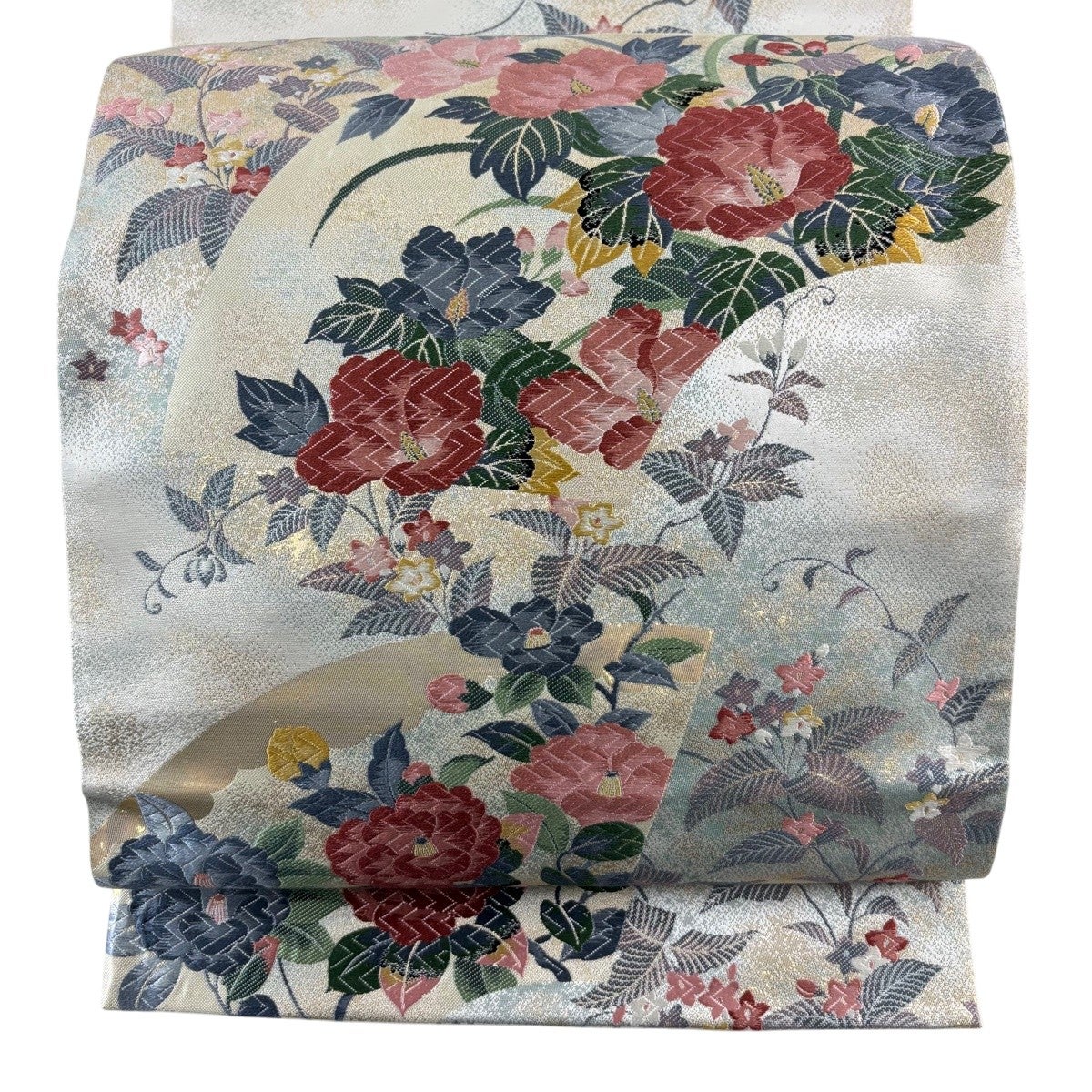 美品】 袋帯 秀品 扇面 草花 唐織 箔 金色 六通 正絹｜中古・古着