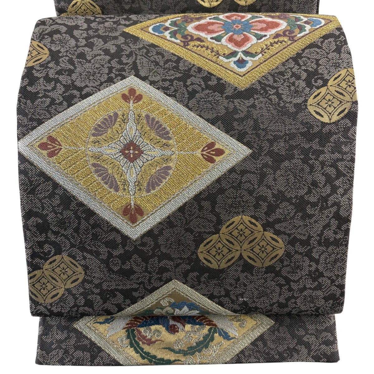 美品】 袋帯 秀品 鈴乃屋 花菱 鳳凰 金銀糸 箔 灰紫 六通 正絹｜中古