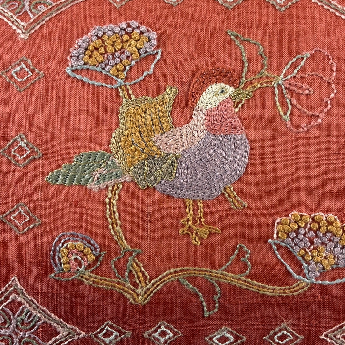 汕頭刺繍 正絹 袋帯 草花 中古 お太鼓柄 秀品 美品 逸品 紬地 金糸 