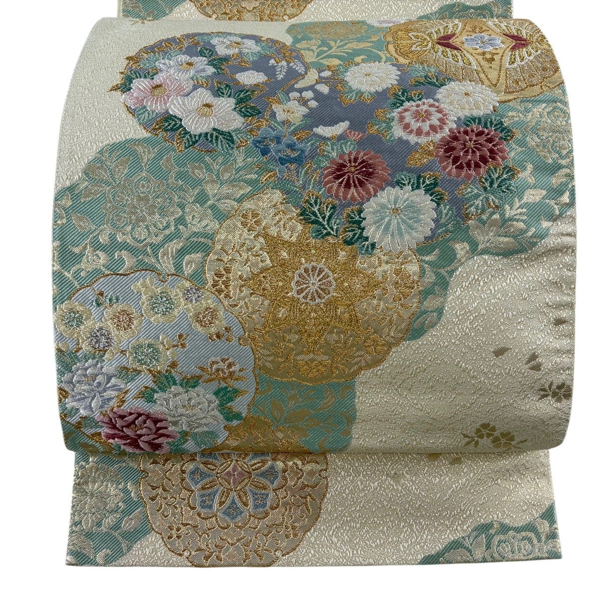 美品】 袋帯 秀品 夏帯 紗 花丸文 秋草 金糸 箔 灰茶 六通 正絹｜中古