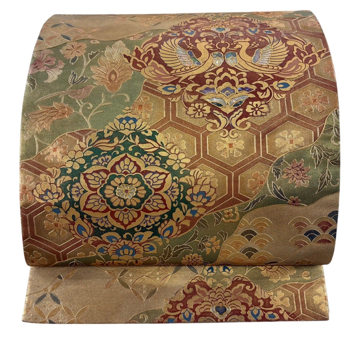 美品】 袋帯 秀品 華文 鳳凰 金彩 箔 金色 お太鼓柄 正絹｜中古・古着