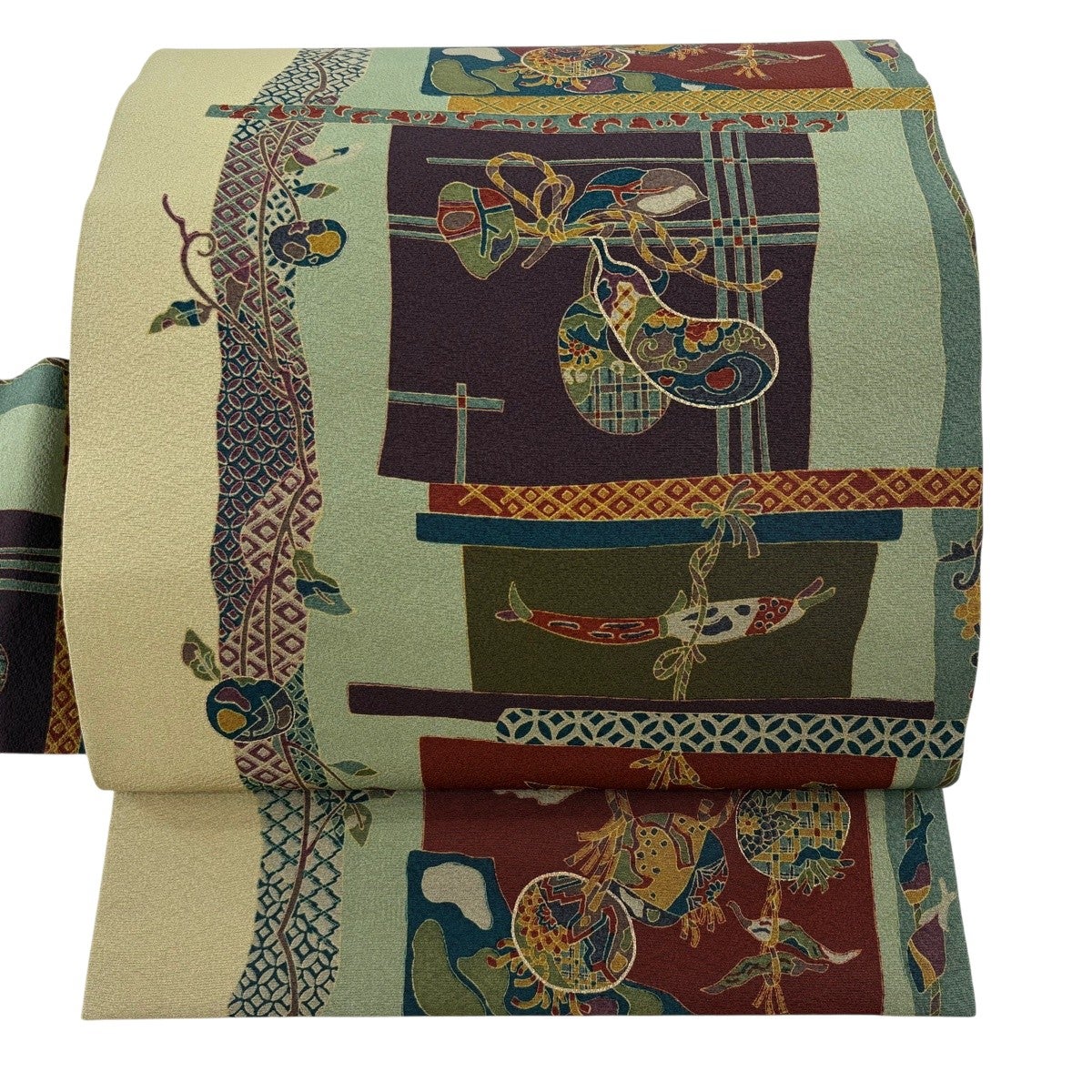 美品】 名古屋帯 秀品 生り物 七宝 金彩 薄緑 正絹｜中古・古着