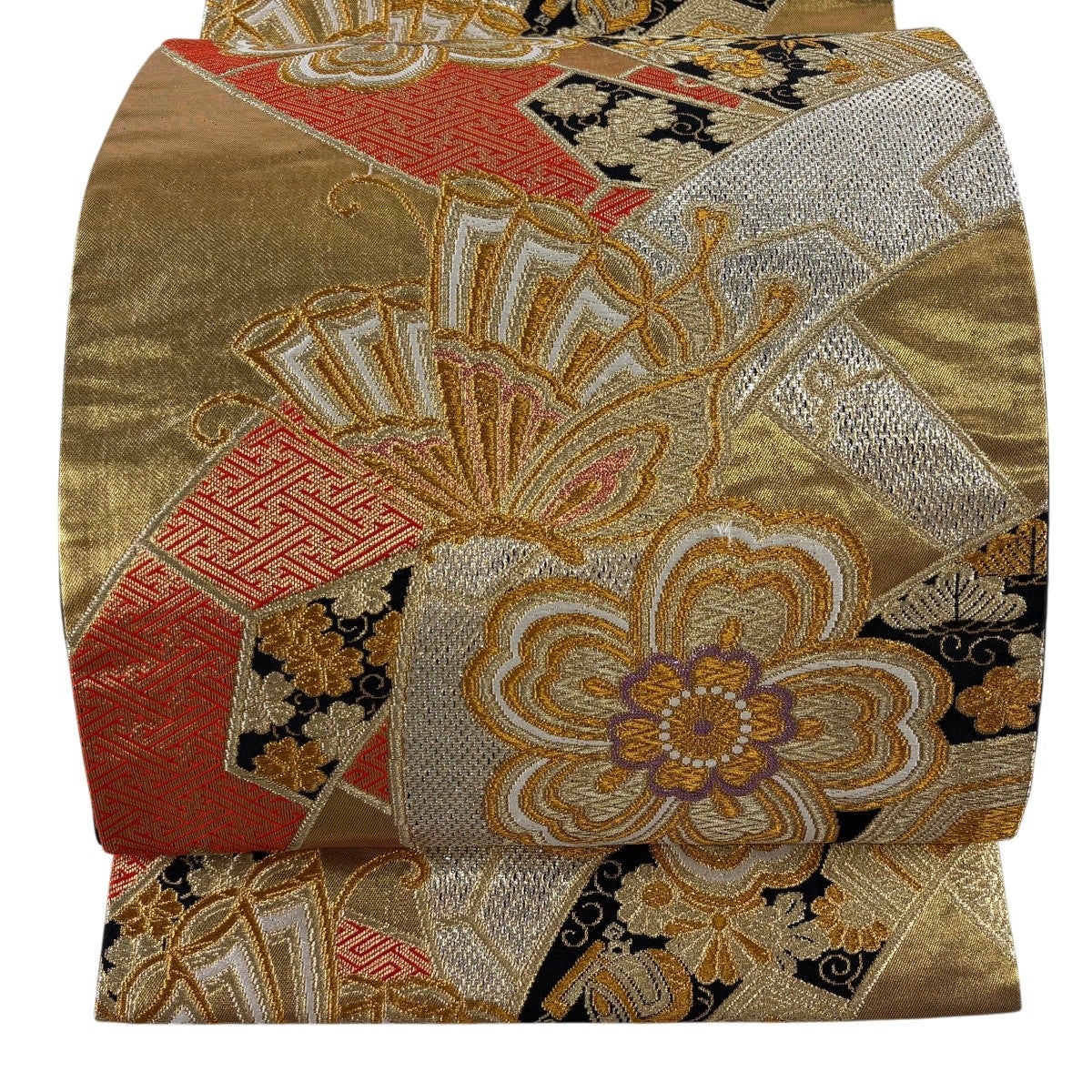 美品】 袋帯 秀品 蝶 宝尽くし 金糸 箔 金色 六通 正絹｜中古・古着