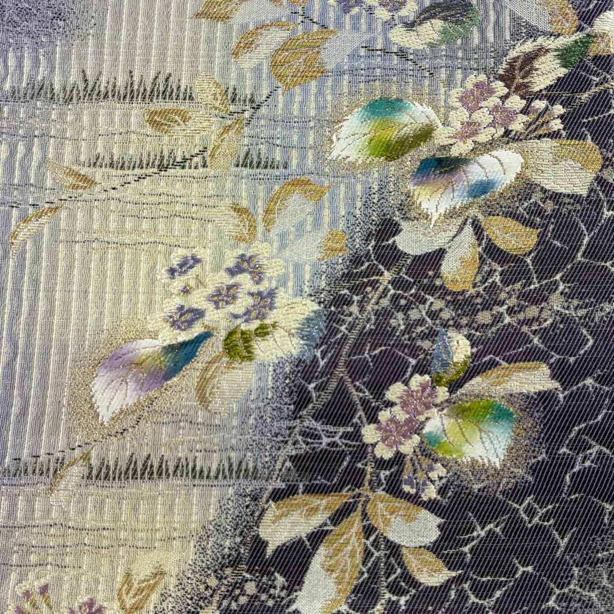 袋帯 秀品 やまと 桜 縞 金糸 箔 紫 六通 正絹｜中古・古着