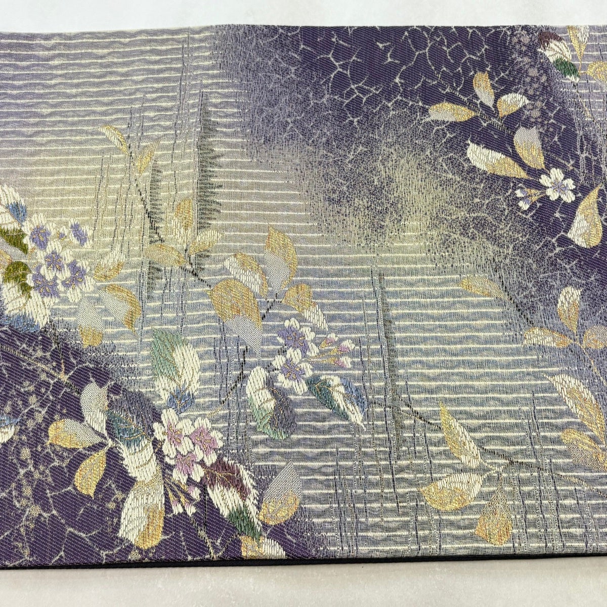 袋帯 秀品 やまと 桜 縞 金糸 箔 紫 六通 正絹｜中古・古着