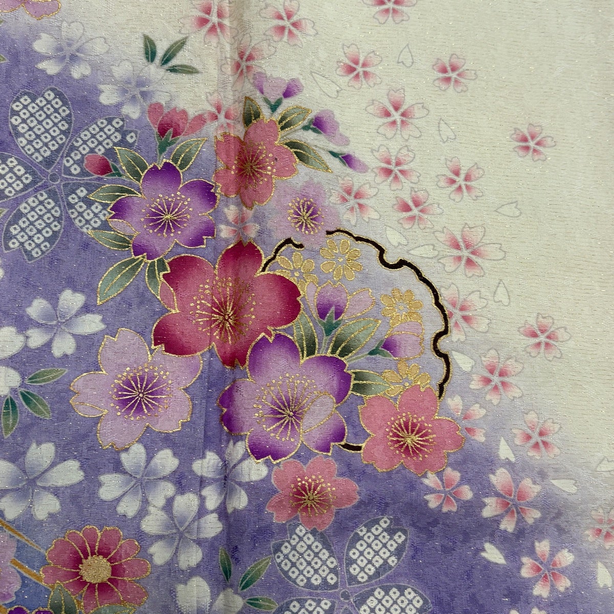 振袖 身丈164cm 裄丈66cm M 袷 桜 雪輪 金通し 金彩 クリーム 正絹