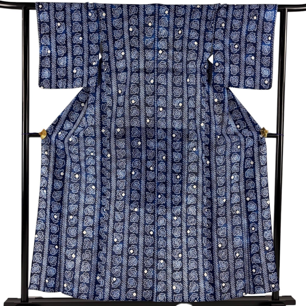 美品】 浴衣 身丈155cm 裄丈60.5cm S 絞り浴衣 葉 縦縞 紺色 綿 名品