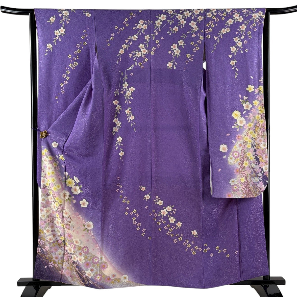 美品】 振袖 身丈158.5cm 裄丈63.5cm S 袷 桜 流水 銀通し 箔 紫 正絹
