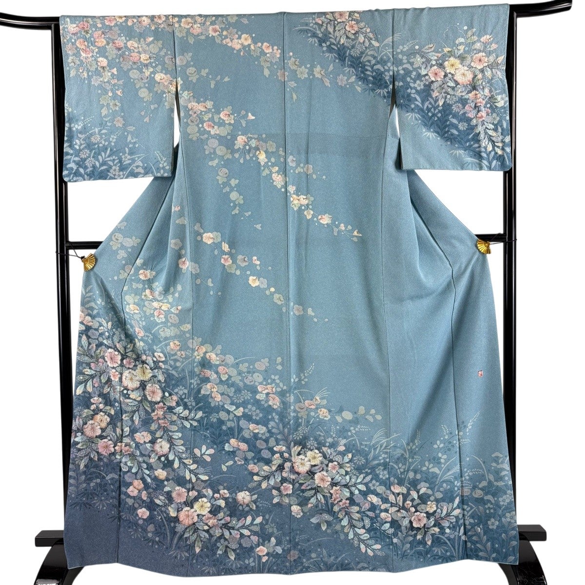 美品】 付下げ 身丈158cm 裄丈64.5cm M 単衣 紬地 落款あり 撫子 桔梗