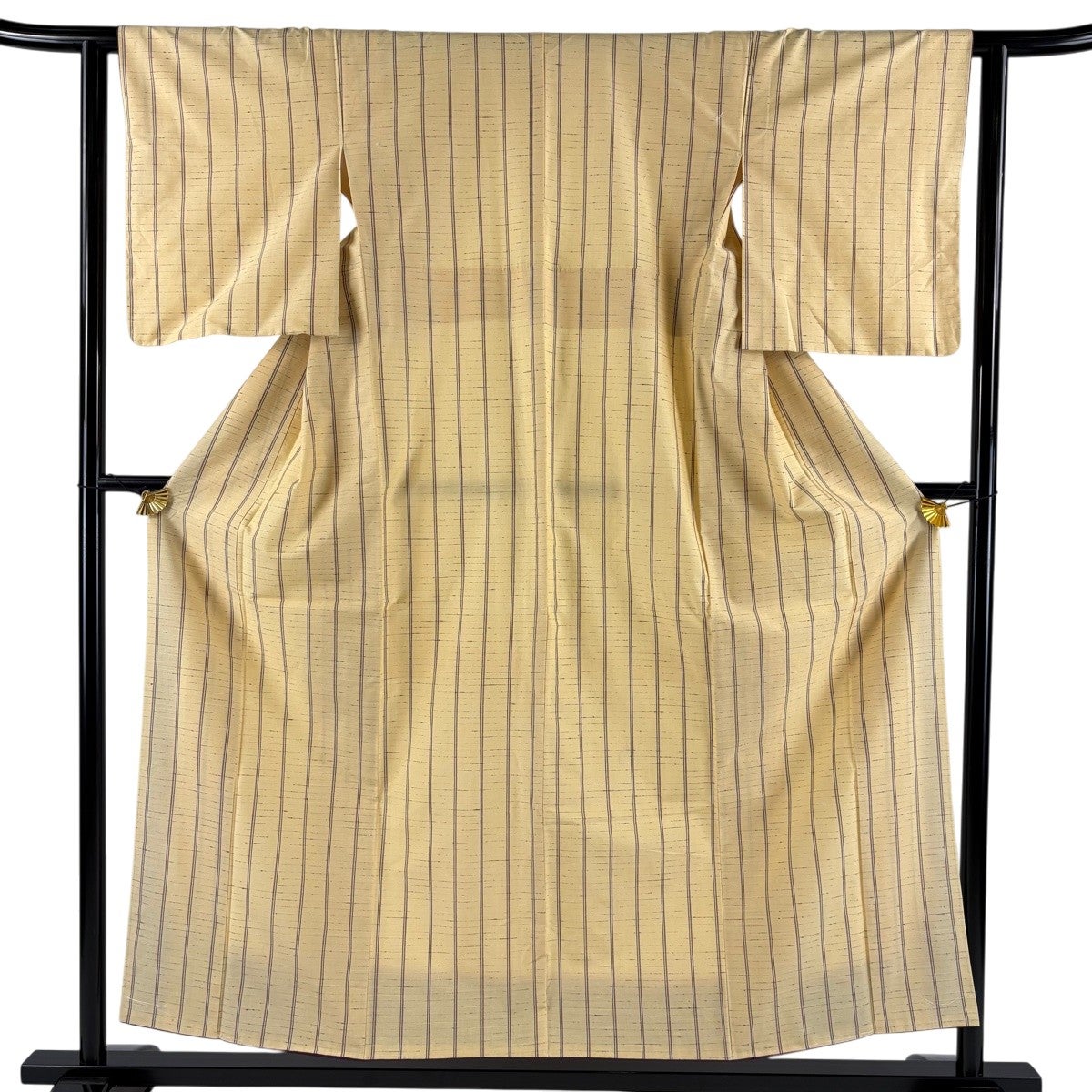 美品】 紬 身丈154cm 裄丈61cm S 袷 ぜんまい縞紬 縦縞 ベージュ 正絹