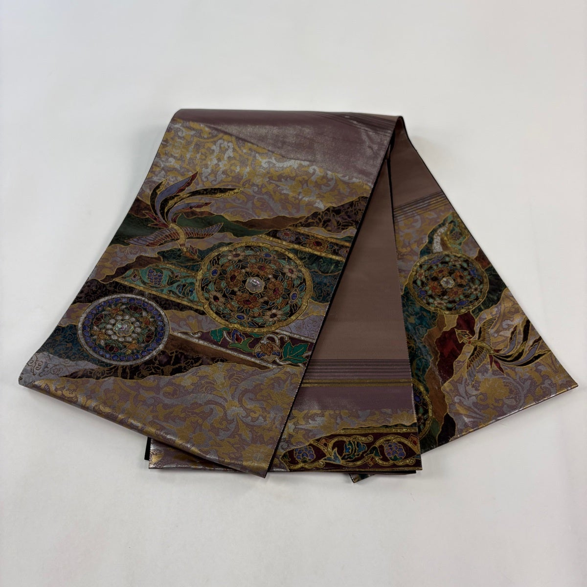 袋帯 秀品 鳳凰 花唐草 箔 金銀彩 灰茶 お太鼓柄 正絹｜中古・古着