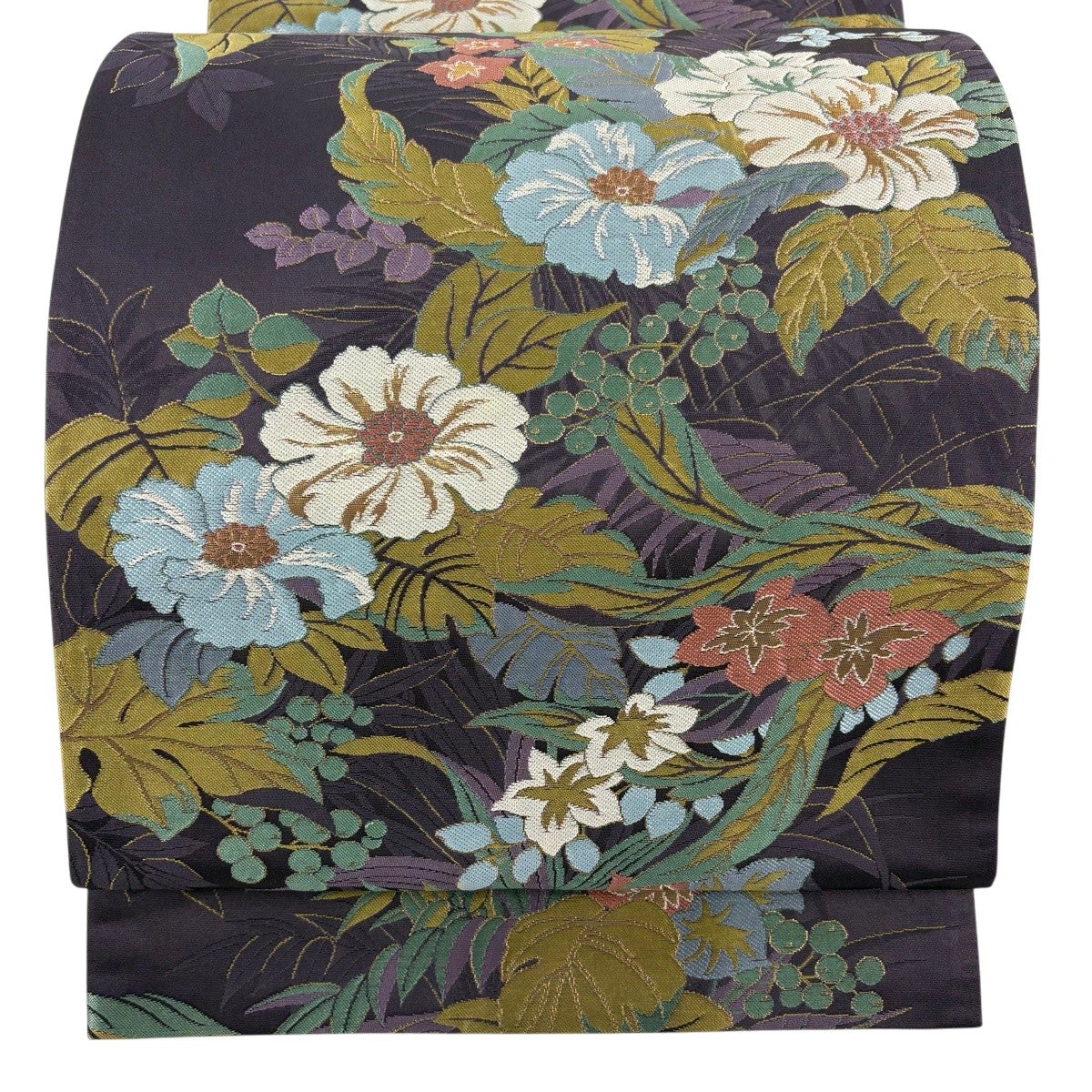 美品】 袋帯 名品 丸文 草花 金銀糸 箔 濃紫 六通 正絹｜中古・古着