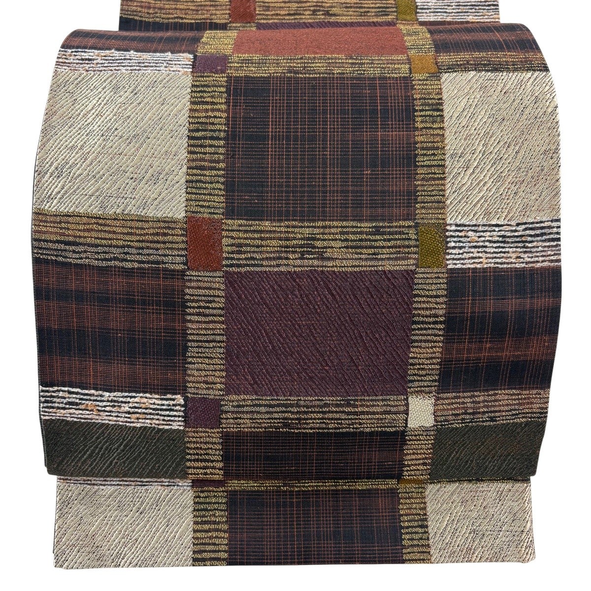 美品】 袋帯 秀品 幾何格子文様 箔 赤茶 六通 正絹｜中古・古着
